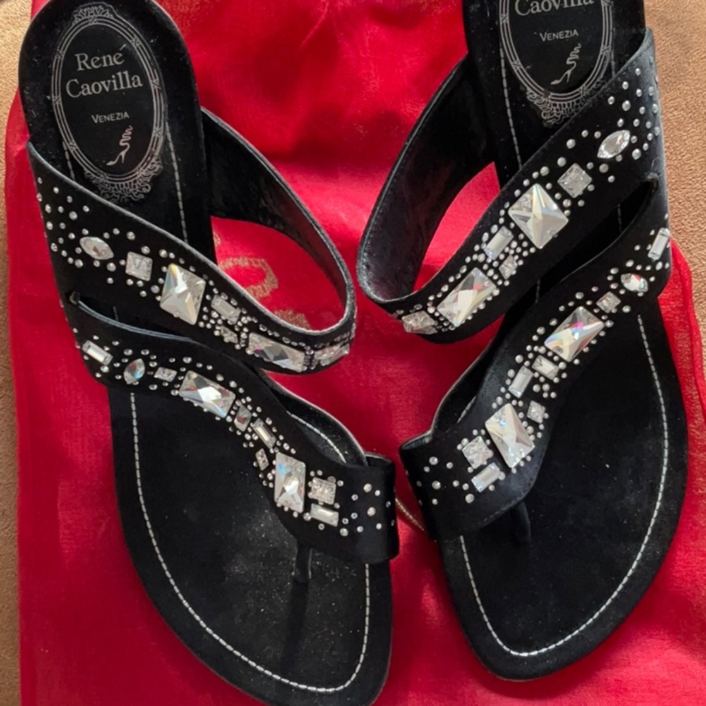 RENE CAOVILLA 9 9.5 eu40 black jeweled shoes lacquer heel worn for 2 hours satin